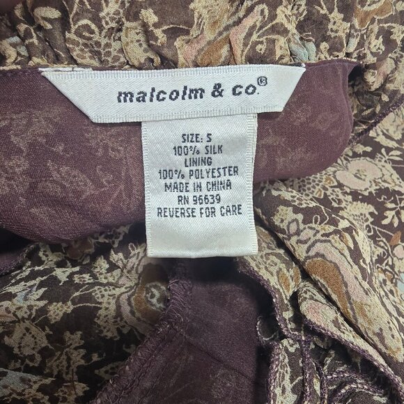 Vintage 90s Malcolm & Co Brown Ditsy Floral Ruffle Button Front Silk Blouse - Picture 6 of 6